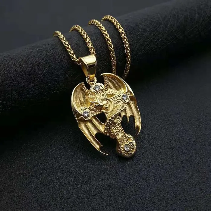 Wholesale Dragon Cross Pendant Necklace for Men | Vintage Gold-Plated Titanium Steel Chunky Chain Supplier