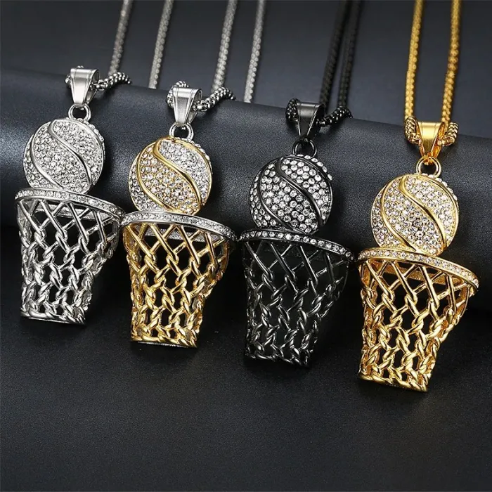 Wholesale Basketball Hoop Pendant Necklace | Hip Hop Iced Out Color-Retaining Gold Titanium Steel Jewelry Supplier