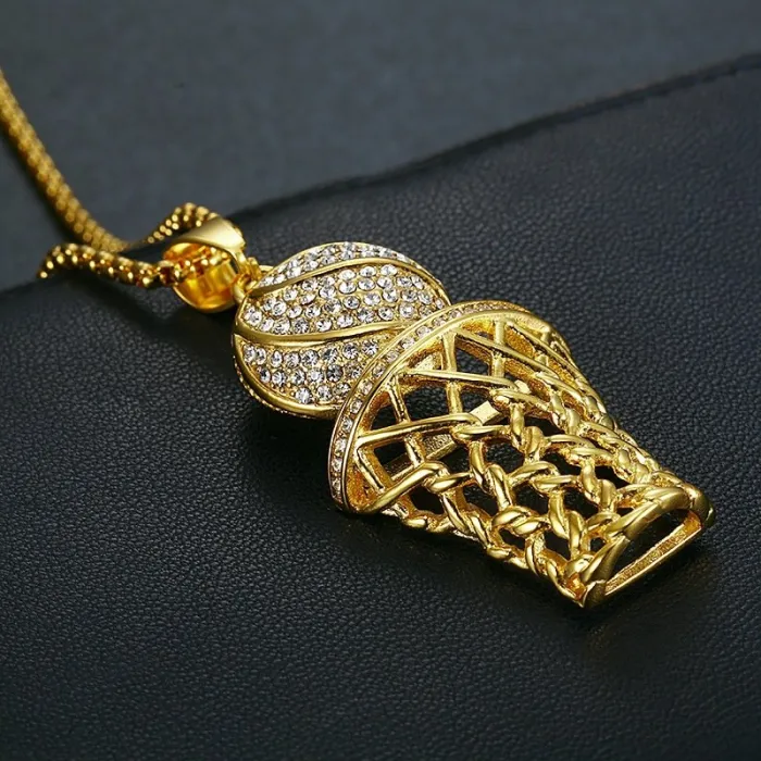 Wholesale Basketball Hoop Pendant Necklace | Hip Hop Iced Out Color-Retaining Gold Titanium Steel Jewelry Supplier