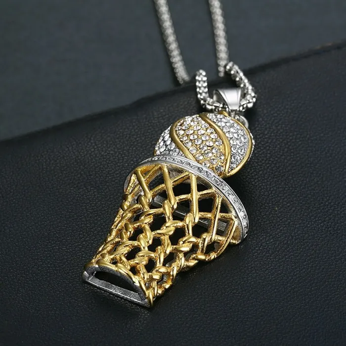 Wholesale Basketball Hoop Pendant Necklace | Hip Hop Iced Out Color-Retaining Gold Titanium Steel Jewelry Supplier