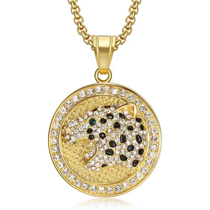 Wholesale Leopard Head Pendant Necklace | Hip Hop Iced Out Gold-Plated Titanium Steel Jewelry Bulk Supplier