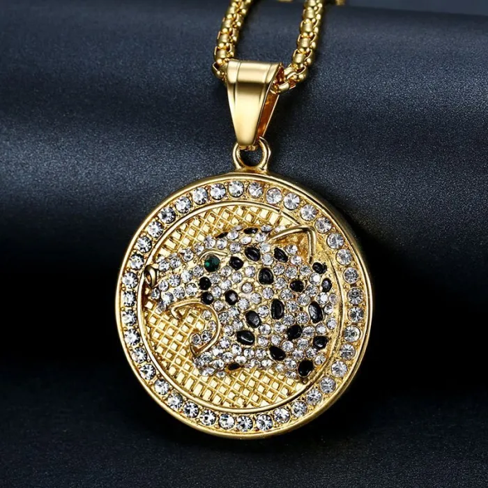 Wholesale Leopard Head Pendant Necklace | Hip Hop Iced Out Gold-Plated Titanium Steel Jewelry Bulk Supplier