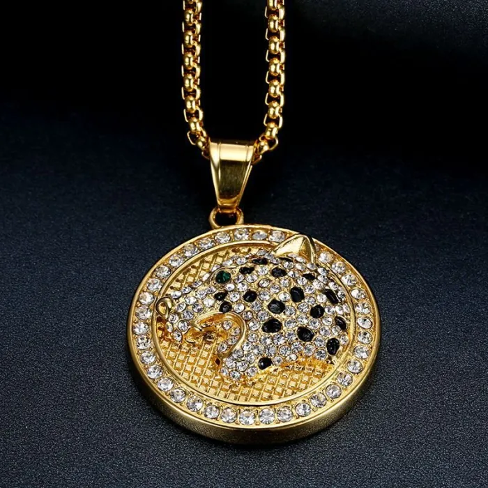 Wholesale Leopard Head Pendant Necklace | Hip Hop Iced Out Gold-Plated Titanium Steel Jewelry Bulk Supplier