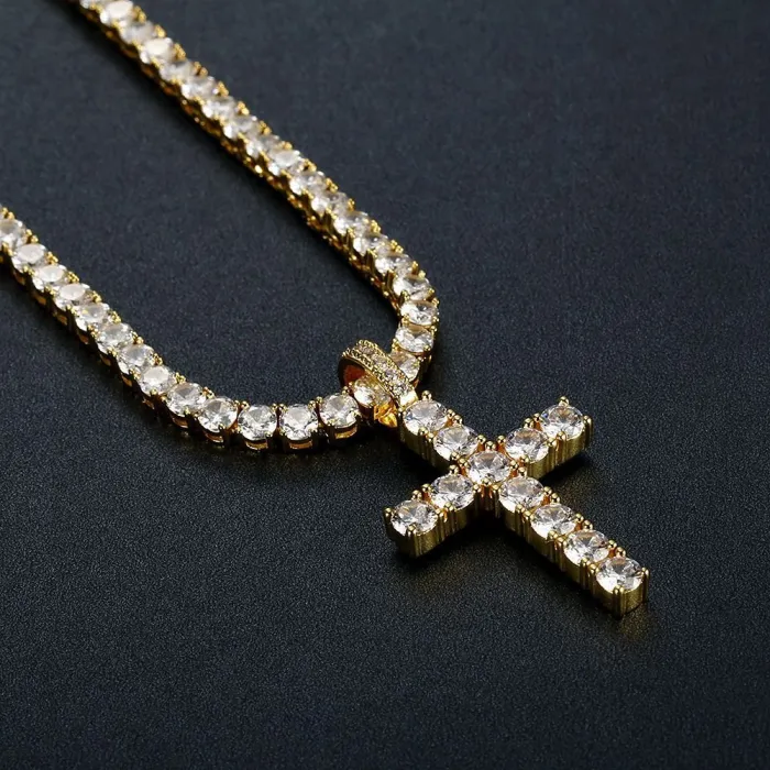 Wholesale CZ Cross Pendant Necklace | Hip Hop Micro Pave 3A Cubic Zirconia Gold-Plated Copper Jewelry Supplier