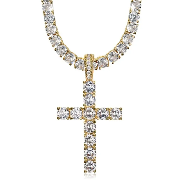 Wholesale CZ Cross Pendant Necklace | Hip Hop Micro Pave 3A Cubic Zirconia Gold-Plated Copper Jewelry Supplier