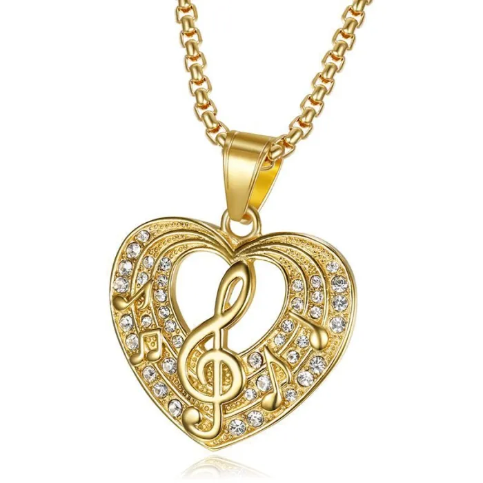 Wholesale Music Note Pendant Necklace | Hip Hop Iced Out Gold-Plated Titanium Steel Jewelry Bulk Supplier