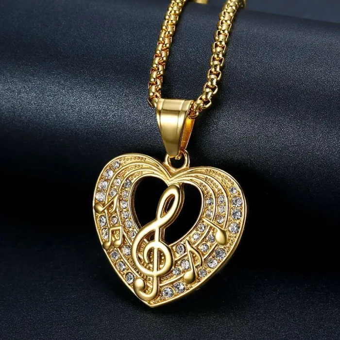 Wholesale Music Note Pendant Necklace | Hip Hop Iced Out Gold-Plated Titanium Steel Jewelry Bulk Supplier