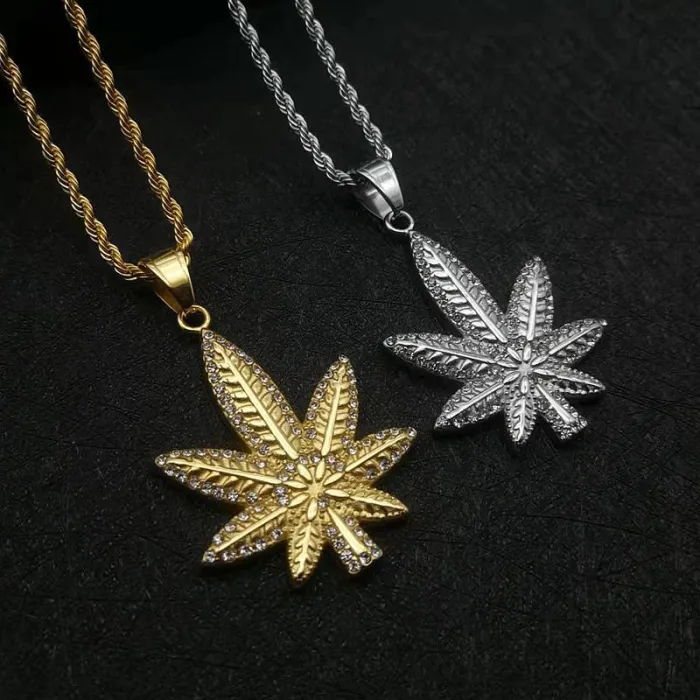 Wholesale Jamaican Leaf Pendant Necklace | Hip Hop Iced Out Gold-Plated Titanium Steel Jewelry Bulk Supplier