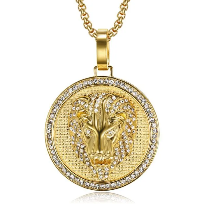 Wholesale Lion Head Pendant Necklace | Hip Hop Iced Out Color-Retaining Gold Titanium Steel Jewelry Supplier