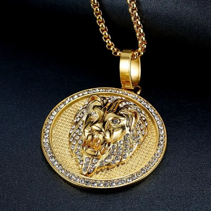 Wholesale Lion Head Pendant Necklace | Hip Hop Iced Out Color-Retaining Gold Titanium Steel Jewelry Supplier