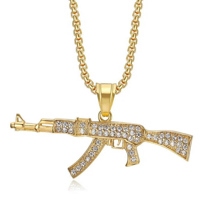 Wholesale AK47 Pendant Necklace | Hip Hop Iced Out Gold-Plated Stainless Steel Jewelry Bulk Supplier