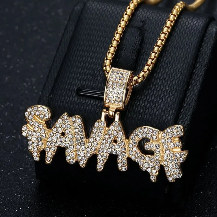 Wholesale SAVAGE Pendant Necklace | Hip Hop Iced Out Gold-Plated Stainless Steel Jewelry Bulk Supplier