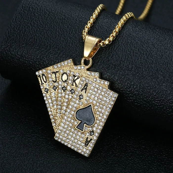 Wholesale Poker Pendant Necklace | Hip Hop Iced Out Royal Flush Gold-Plated Stainless Steel Jewelry Bulk Supplier