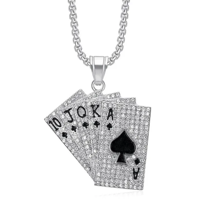 Wholesale Poker Pendant Necklace | Hip Hop Iced Out Royal Flush Gold-Plated Stainless Steel Jewelry Bulk Supplier