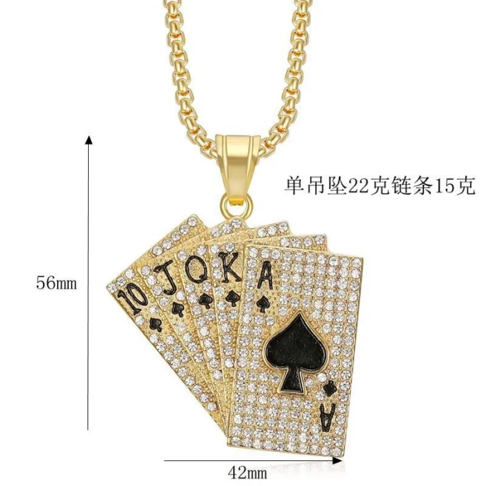 Wholesale Poker Pendant Necklace | Hip Hop Iced Out Royal Flush Gold-Plated Stainless Steel Jewelry Bulk Supplier