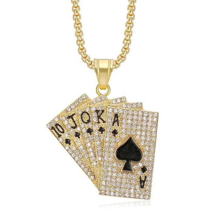Wholesale Poker Pendant Necklace | Hip Hop Iced Out Royal Flush Gold-Plated Stainless Steel Jewelry Bulk Supplier
