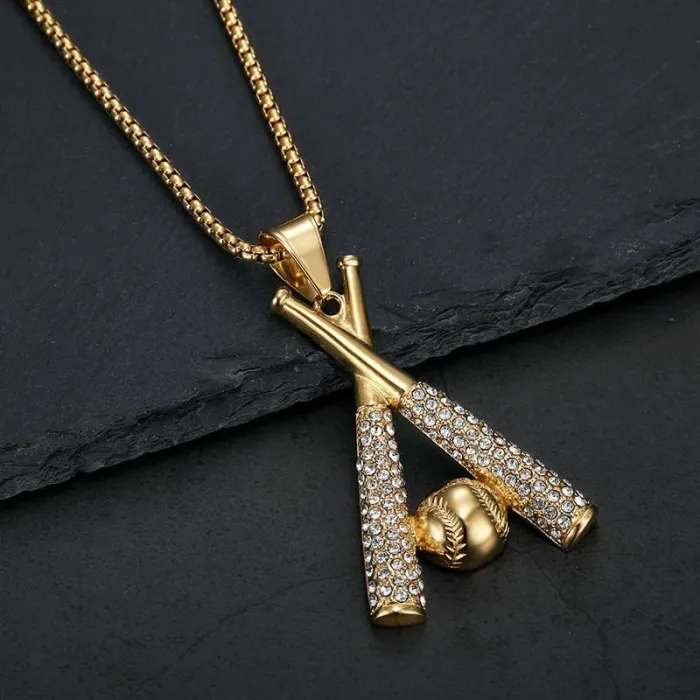Wholesale Baseball Pendant Necklace | Hip Hop Iced Out Color-Retaining Gold Stainless Steel Jewelry Bulk Supplier