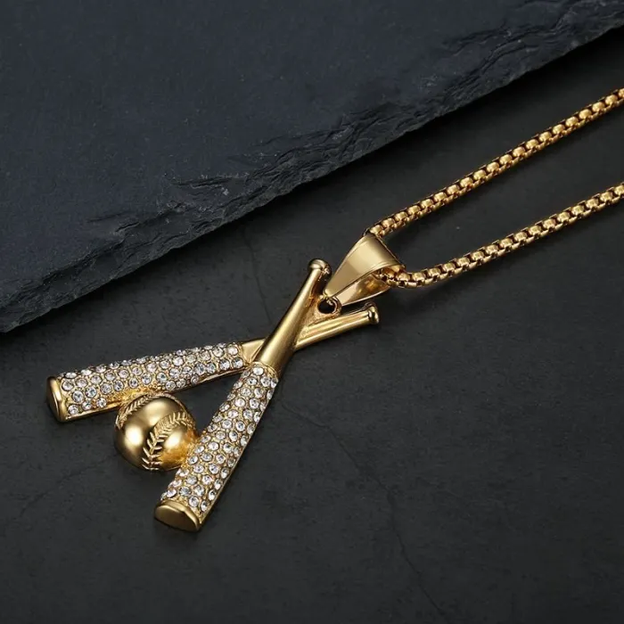 Wholesale Baseball Pendant Necklace | Hip Hop Iced Out Color-Retaining Gold Stainless Steel Jewelry Bulk Supplier