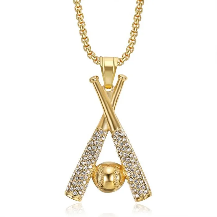 Wholesale Baseball Pendant Necklace | Hip Hop Iced Out Color-Retaining Gold Stainless Steel Jewelry Bulk Supplier