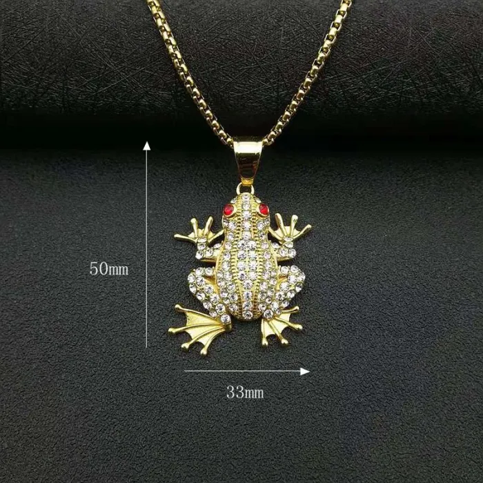 Wholesale Frog Pendant Necklace | Hip Hop Iced Out Red Eye Gold-Plated Titanium Stainless Steel Jewelry Supplier