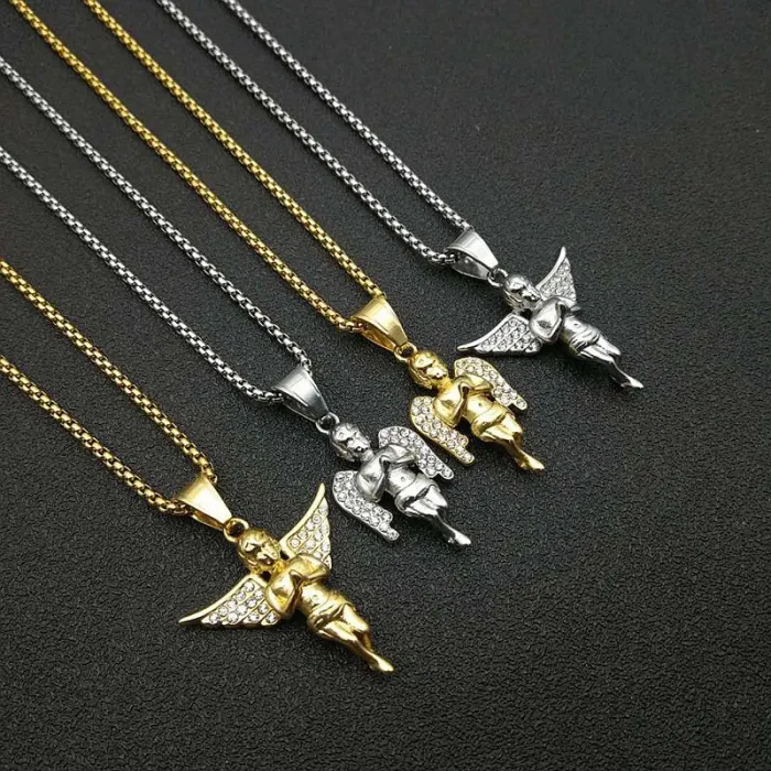 Wholesale Praying Angel Pendant Necklace | Hip Hop Iced Out Gold-Plated Titanium Steel Jewelry Bulk Supplier