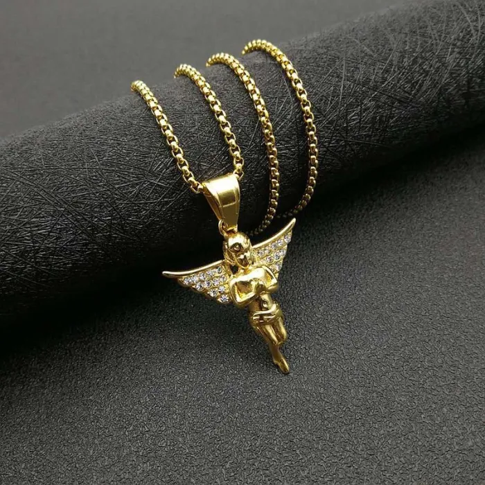 Wholesale Praying Angel Pendant Necklace | Hip Hop Iced Out Gold-Plated Titanium Steel Jewelry Bulk Supplier