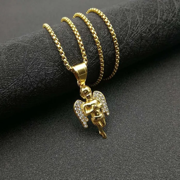 Wholesale Praying Angel Pendant Necklace | Hip Hop Iced Out Gold-Plated Titanium Steel Jewelry Bulk Supplier