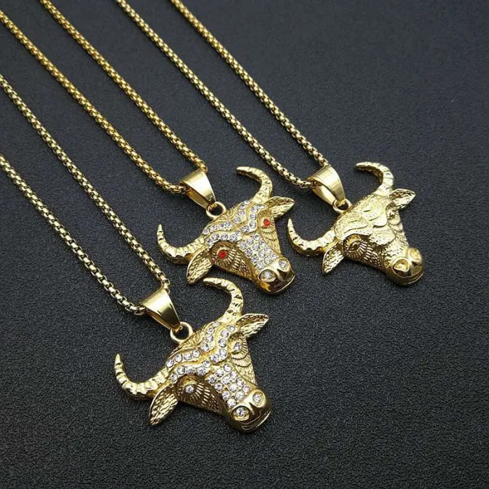 Wholesale Bull Head Pendant Necklace | Hip Hop Iced Out Gold-Plated Titanium Steel Jewelry Bulk Supplier
