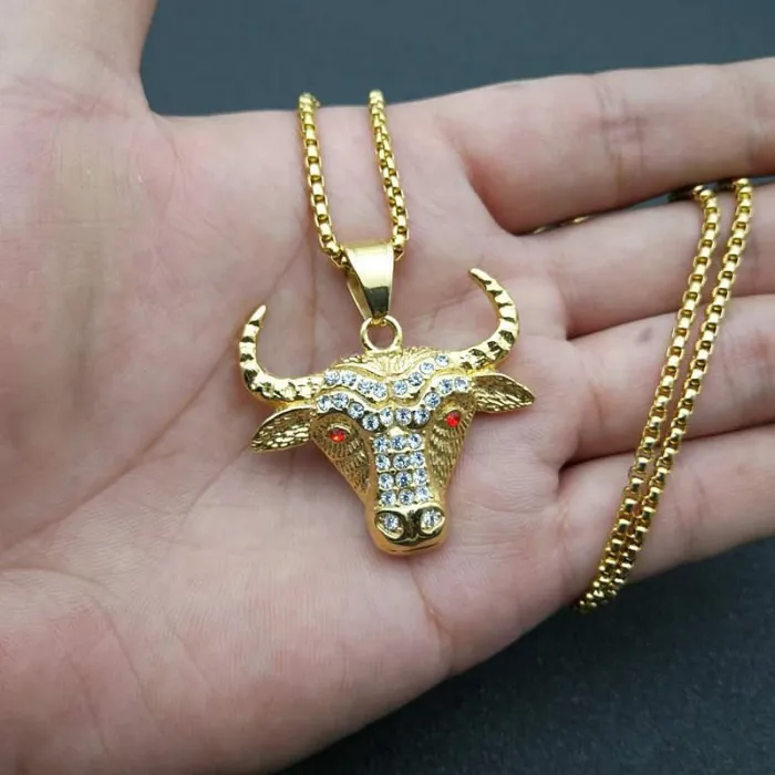 Wholesale Bull Head Pendant Necklace | Hip Hop Iced Out Gold-Plated Titanium Steel Jewelry Bulk Supplier