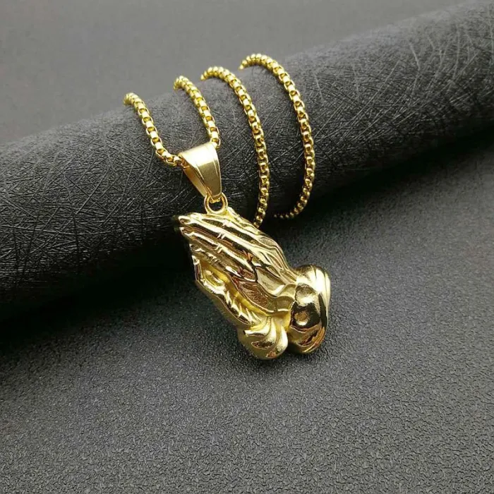 Wholesale Buddha Hand Pendant Necklace | Hip Hop Gold-Plated Stainless Steel Prayer Jewelry Bulk Supplier