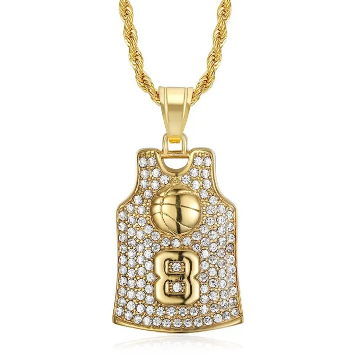 Wholesale Kobe #8 Jersey Pendant Necklace | Hip Hop Iced Out Lakers Basketball Gold-Plated Stainless Steel Jewelry