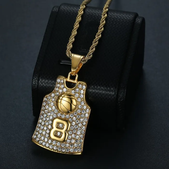 Wholesale Kobe #8 Jersey Pendant Necklace | Hip Hop Iced Out Lakers Basketball Gold-Plated Stainless Steel Jewelry