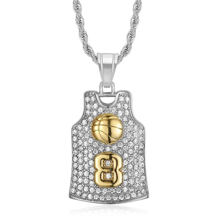 Wholesale Kobe #8 Jersey Pendant Necklace | Hip Hop Iced Out Lakers Basketball Gold-Plated Stainless Steel Jewelry