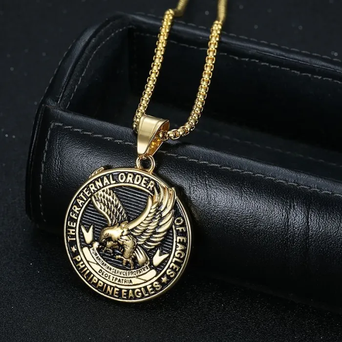 Wholesale Philippine Eagle Pendant Necklace | Vintage Blackened Letter Gold-Plated Titanium Steel Jewelry Supplier