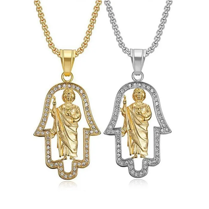 Wholesale Saint Jude & Hamsa Hand Pendant Necklace | Hip Hop Iced Out Gold-Plated Stainless Steel Jewelry Supplier