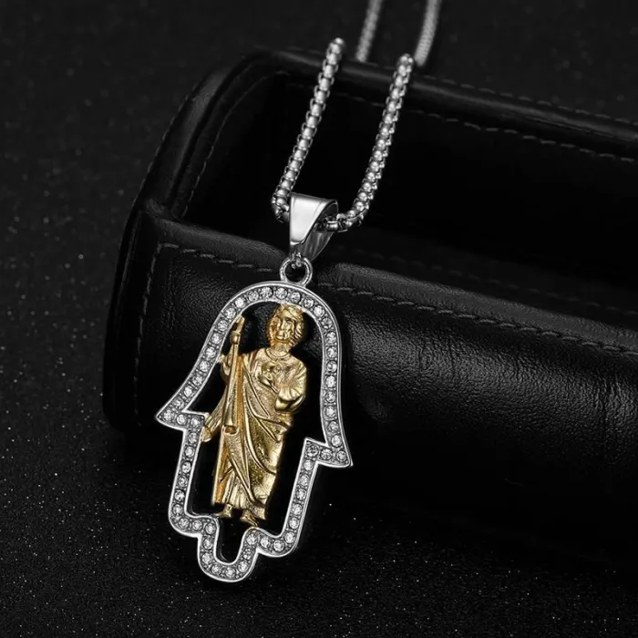 Wholesale Saint Jude & Hamsa Hand Pendant Necklace | Hip Hop Iced Out Gold-Plated Stainless Steel Jewelry Supplier