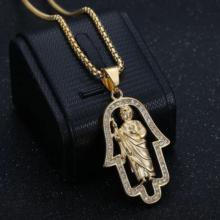 Wholesale Saint Jude & Hamsa Hand Pendant Necklace | Hip Hop Iced Out Gold-Plated Stainless Steel Jewelry Supplier