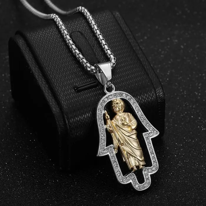 Wholesale Saint Jude & Hamsa Hand Pendant Necklace | Hip Hop Iced Out Gold-Plated Stainless Steel Jewelry Supplier