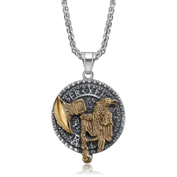 Wholesale Viking Raven Axe Pendant Necklace | Odin’s Raven Polished Gold-Plated Titanium Steel Jewelry for Men