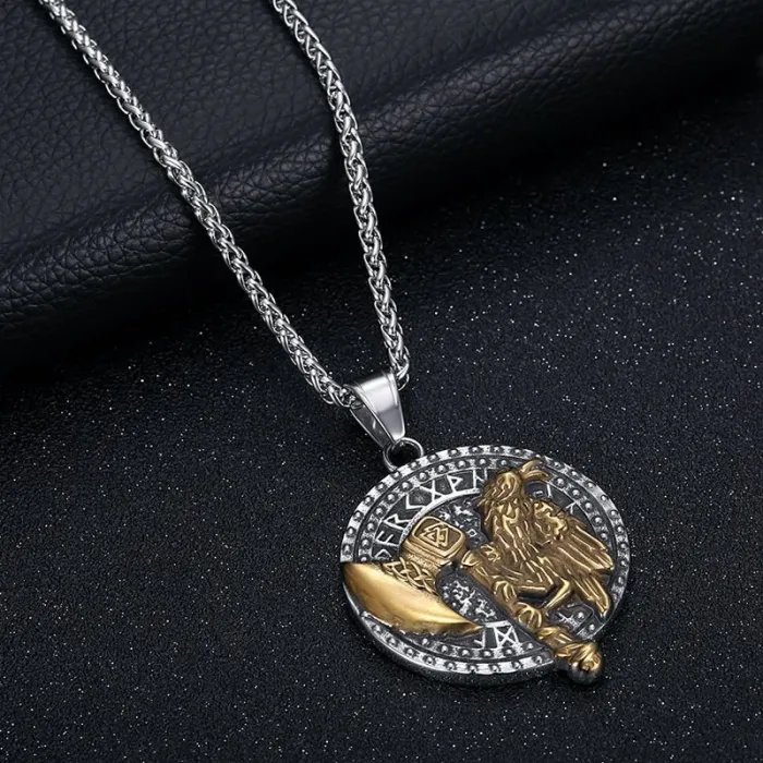 Wholesale Viking Raven Axe Pendant Necklace | Odin’s Raven Polished Gold-Plated Titanium Steel Jewelry for Men