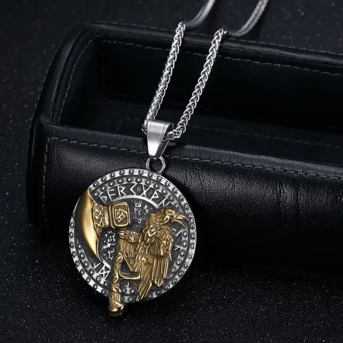 Wholesale Viking Raven Axe Pendant Necklace | Odin’s Raven Polished Gold-Plated Titanium Steel Jewelry for Men