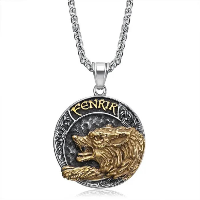 Wholesale Fenrir Wolf Head Pendant Necklace | Viking Odin Gold-Plated Titanium Steel Jewelry for Men