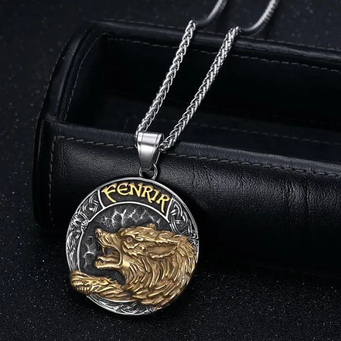 Wholesale Fenrir Wolf Head Pendant Necklace | Viking Odin Gold-Plated Titanium Steel Jewelry for Men