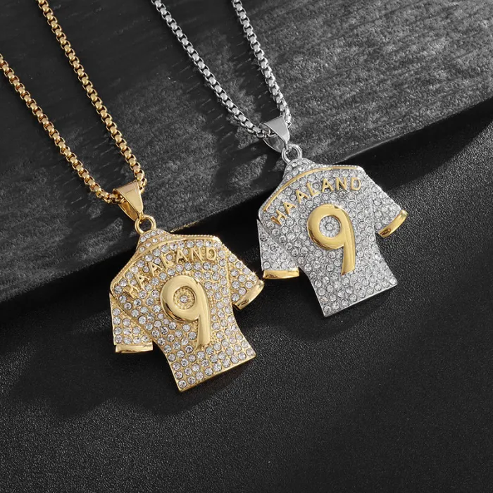 Wholesale Haaland #9 Jersey Pendant Necklace | Hip Hop Iced Out Gold-Plated Titanium Steel Soccer Jewelry Supplier