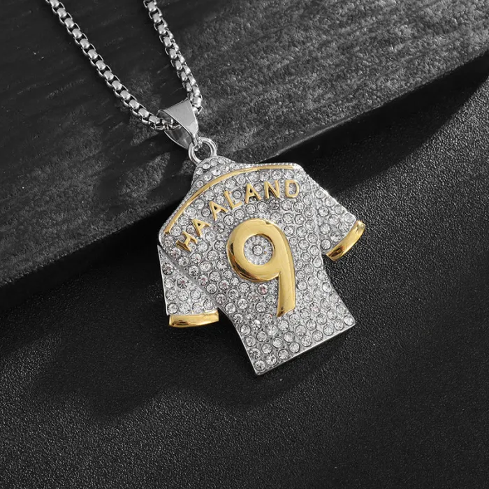 Wholesale Haaland #9 Jersey Pendant Necklace | Hip Hop Iced Out Gold-Plated Titanium Steel Soccer Jewelry Supplier