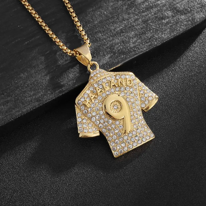 Wholesale Haaland #9 Jersey Pendant Necklace | Hip Hop Iced Out Gold-Plated Titanium Steel Soccer Jewelry Supplier