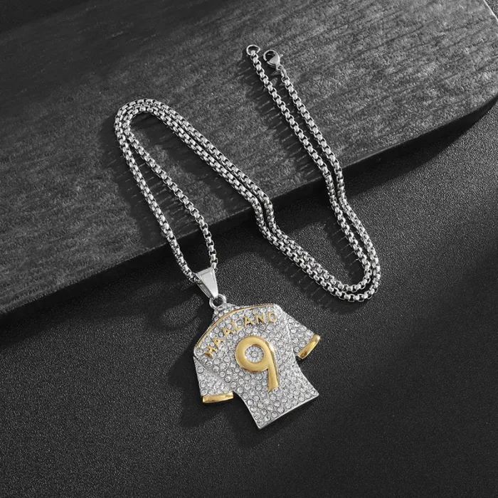 Wholesale Haaland #9 Jersey Pendant Necklace | Hip Hop Iced Out Gold-Plated Titanium Steel Soccer Jewelry Supplier