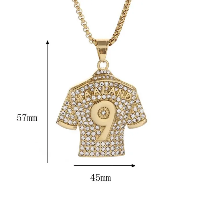 Wholesale Haaland #9 Jersey Pendant Necklace | Hip Hop Iced Out Gold-Plated Titanium Steel Soccer Jewelry Supplier