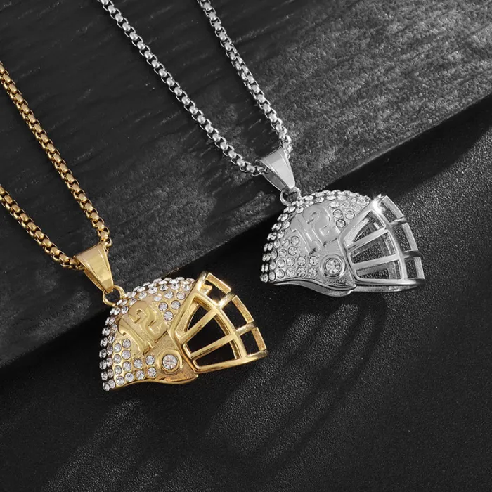 Wholesale BRADY #12 Helmet Pendant Necklace | Hip Hop Iced Out Gold-Plated Titanium Steel Football Jewelry Supplier