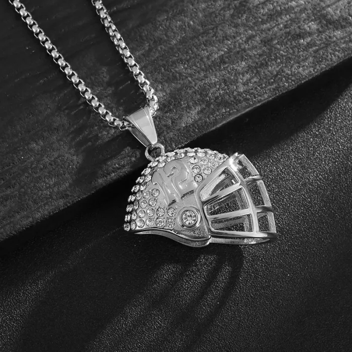 Wholesale BRADY #12 Helmet Pendant Necklace | Hip Hop Iced Out Gold-Plated Titanium Steel Football Jewelry Supplier